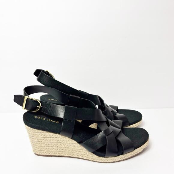 COLE HAAN CRYSTAL WEDGE BLACK GOLD SANDALS SIZE 6 NEW WITH PARTIAL STICKER TAGS - Picture 5 of 7